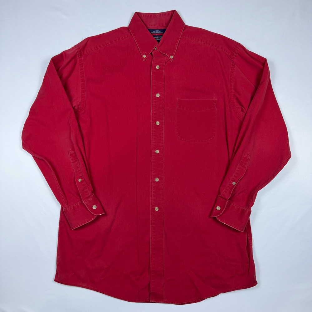 Roundtree Yorke Red Button Up Shirt Mens 15.5 34 Cotton Twill Long Sleeve